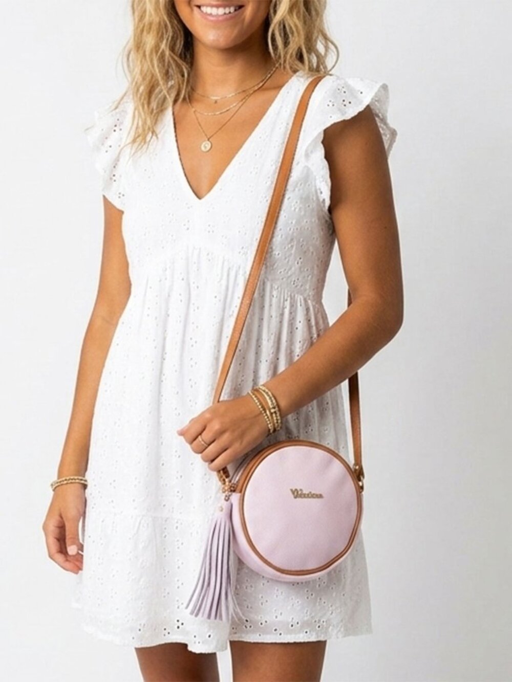Valentina Milano Italia Round Leather Crossbody Bag  Pink Circle Purse Tassels